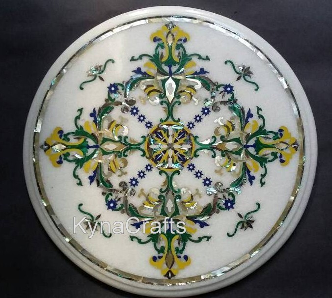 15 Inches Round Marble Corner Table Shiny Gemstone Inlay Work Coffee Table Top gallery