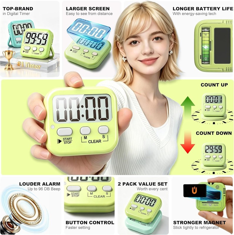 Easily Readable Countdown Timers - 2 Pack Digital Solution for Cooking & Kids gallery