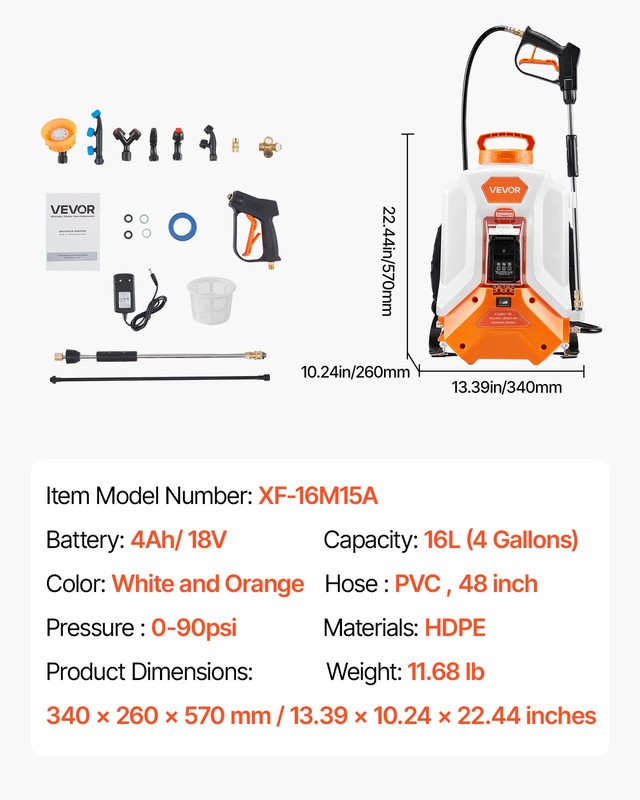 VEVOR 4 Gallon Battery Powered Backpack Sprayer 0-90PSI 4H Runtime for Yard Lawn gallery