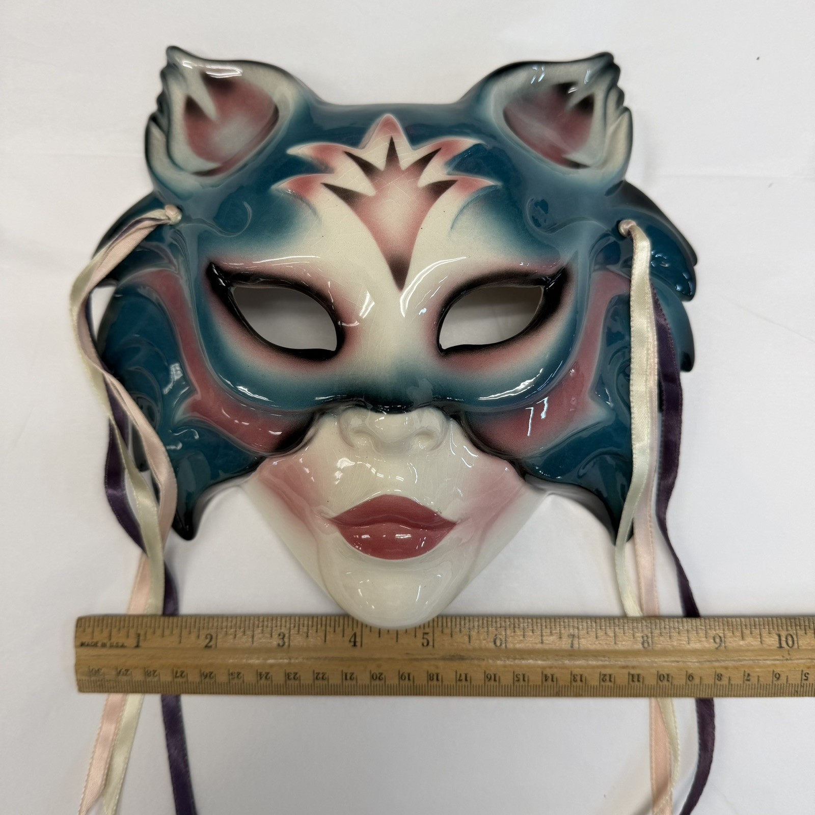 Vintage 1989 Ceramic Cat Lady Mardi Gras Wall Mask | San Francisco Art 80s Décor gallery