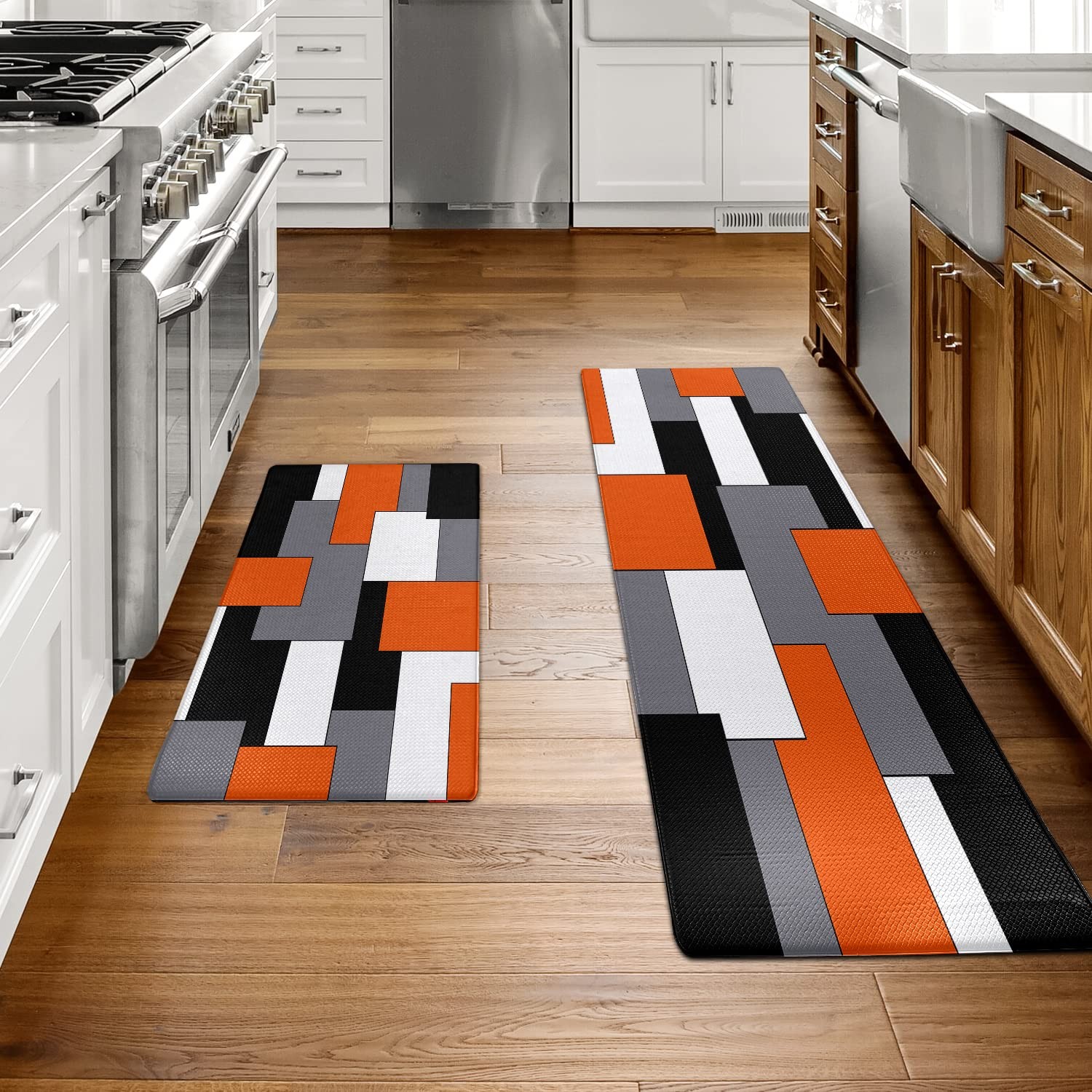 Orange Black Grey White Kitchen Rugs Set of 2 Cushioned Anti Fatigue 17.5x47 gallery