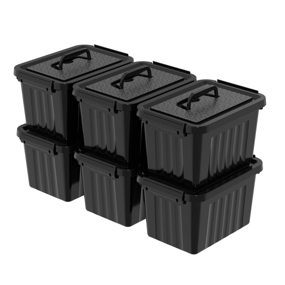 6 Quart Latching Bin with Handle, Black Plastic Storage Box Containers, 6 Packs