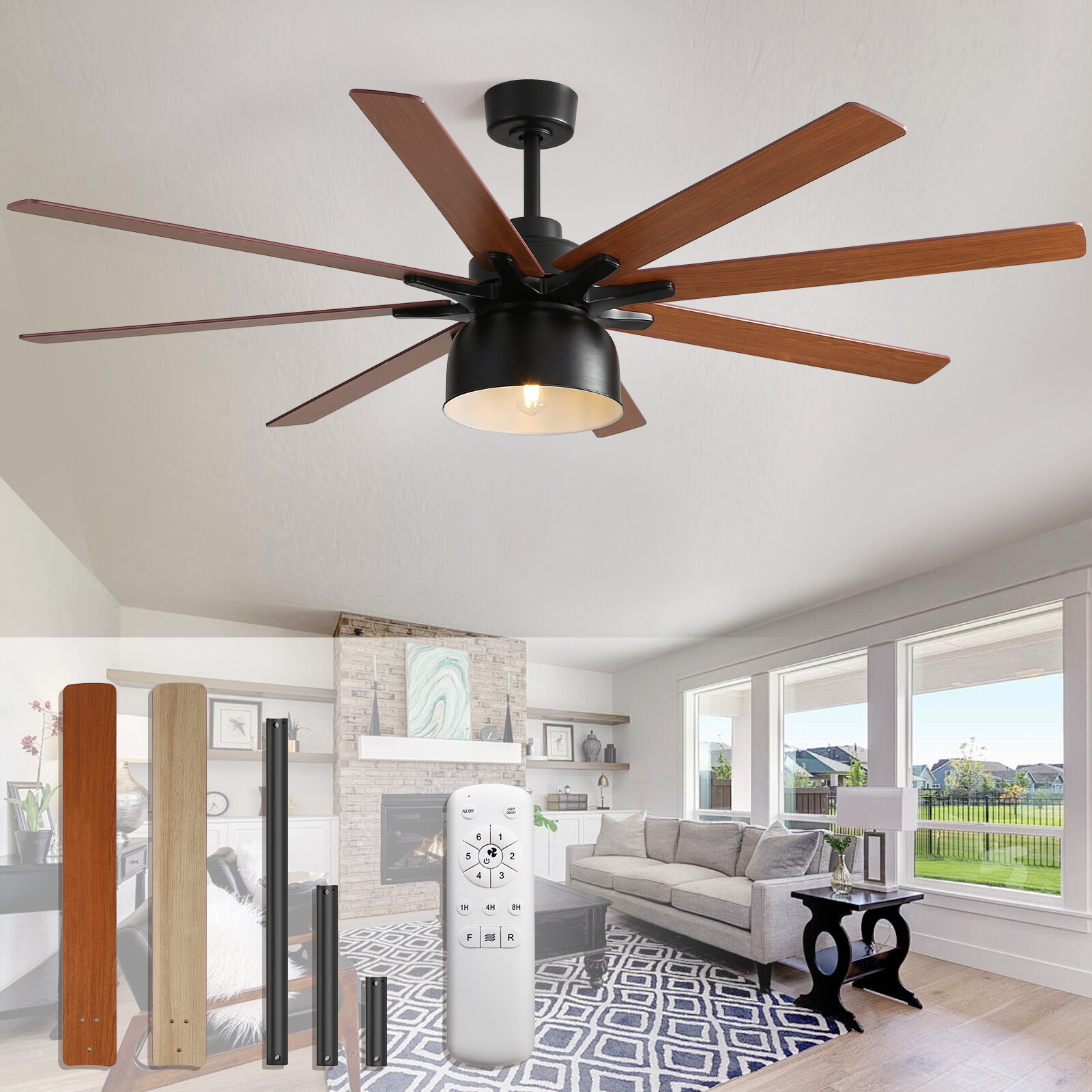 52'' Farmhouse Ceiling Fan with Light Remote Dual Side Wood Blades Reversible DC gallery