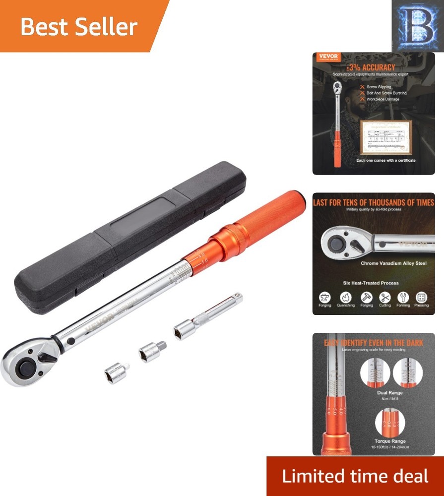 Versatile Adjustable Torque Wrench 10-150ft.lb with Calibration Certificate