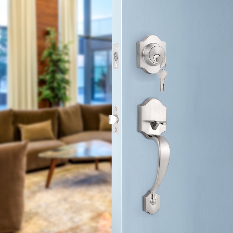 Front Door Handle Entry Lock set Brushed Nickel Privacy Passage Levers Knobs gallery