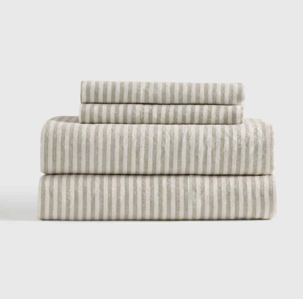 NWOT Quince Queen Linen Sheet Set 4pc Willowleaf Stripe gallery