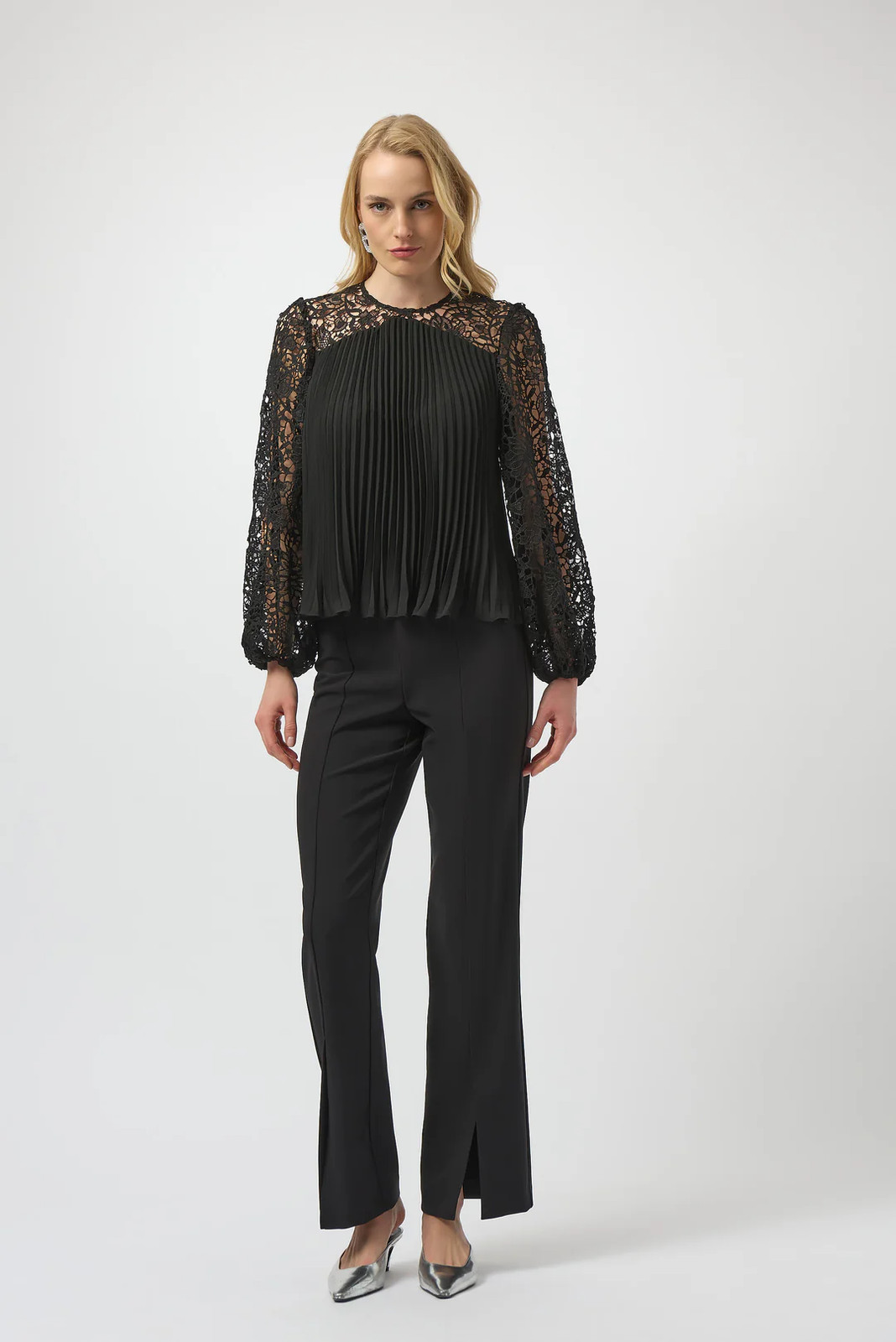 Joseph Ribkoff Black Pleated Crew Neck Long Lace Puff Sleeves Top 254900 gallery