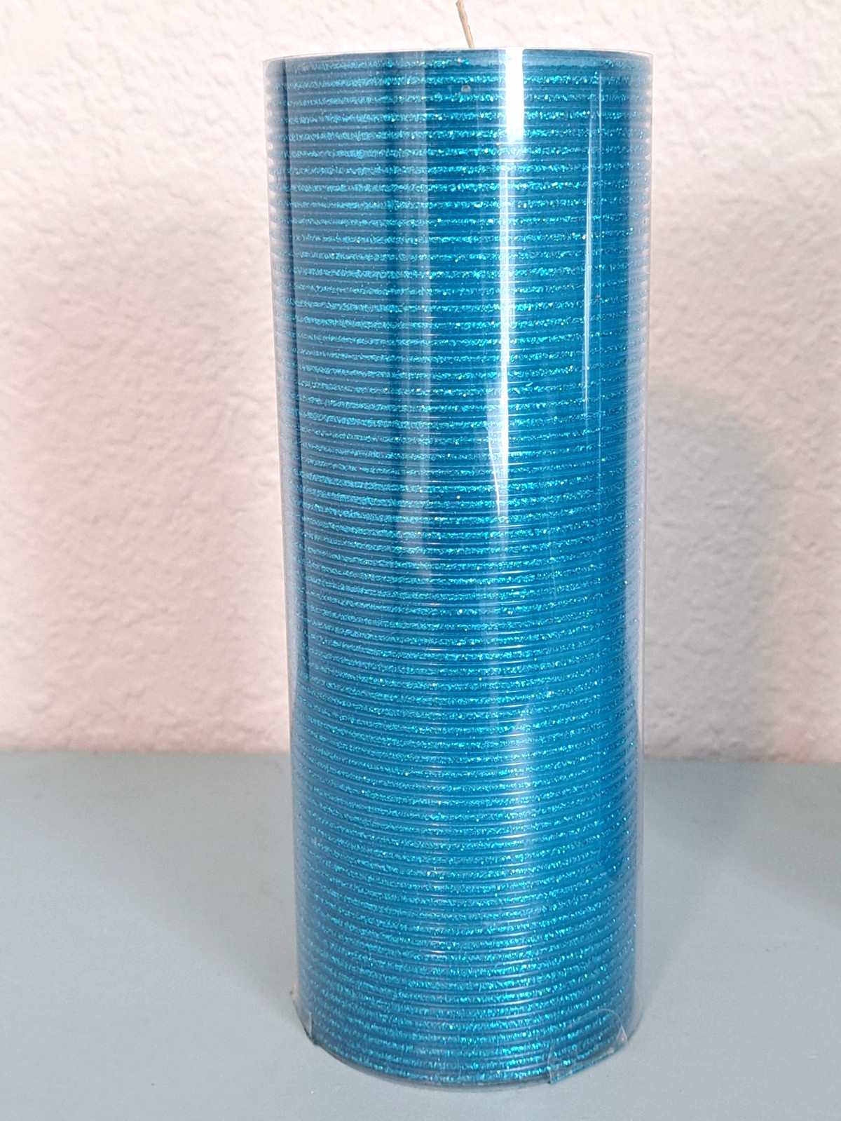 NEW ~ CRATE & BARREL (2) Shimmer Pillar Teal Blue 3x8 100 hrs. Burn time gallery
