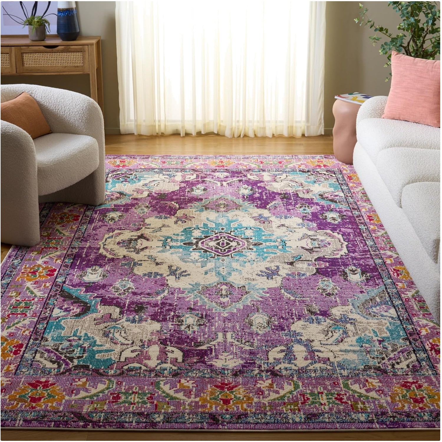 Monaco 3' Round Distressed Medallion Rug - Easy Clean, Non-Shedding Violet/Blue gallery