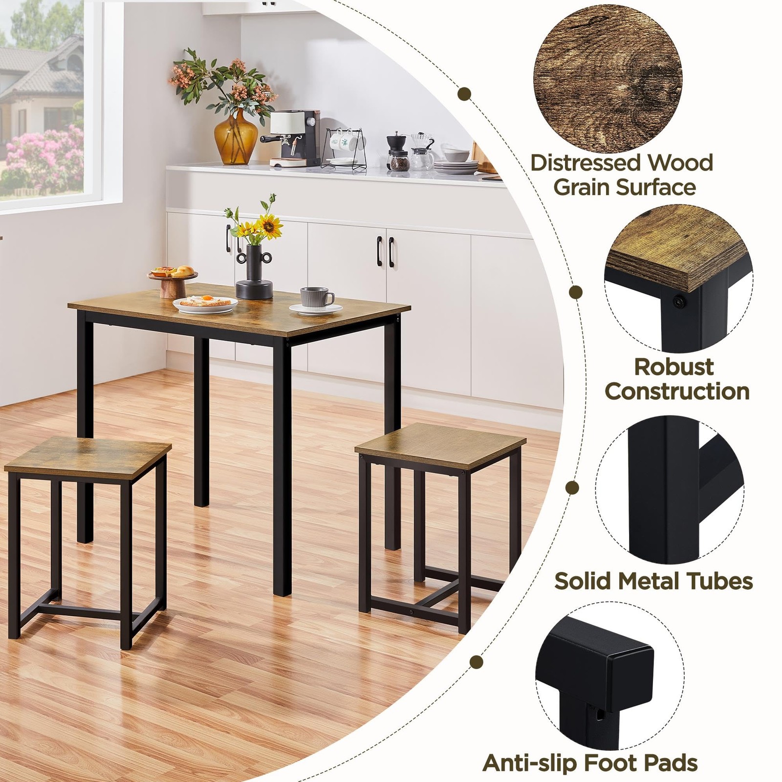 3 Pcs Dining Table Set - Kitchen Table & Chair Sets for 2 - Compact Table, Brown gallery