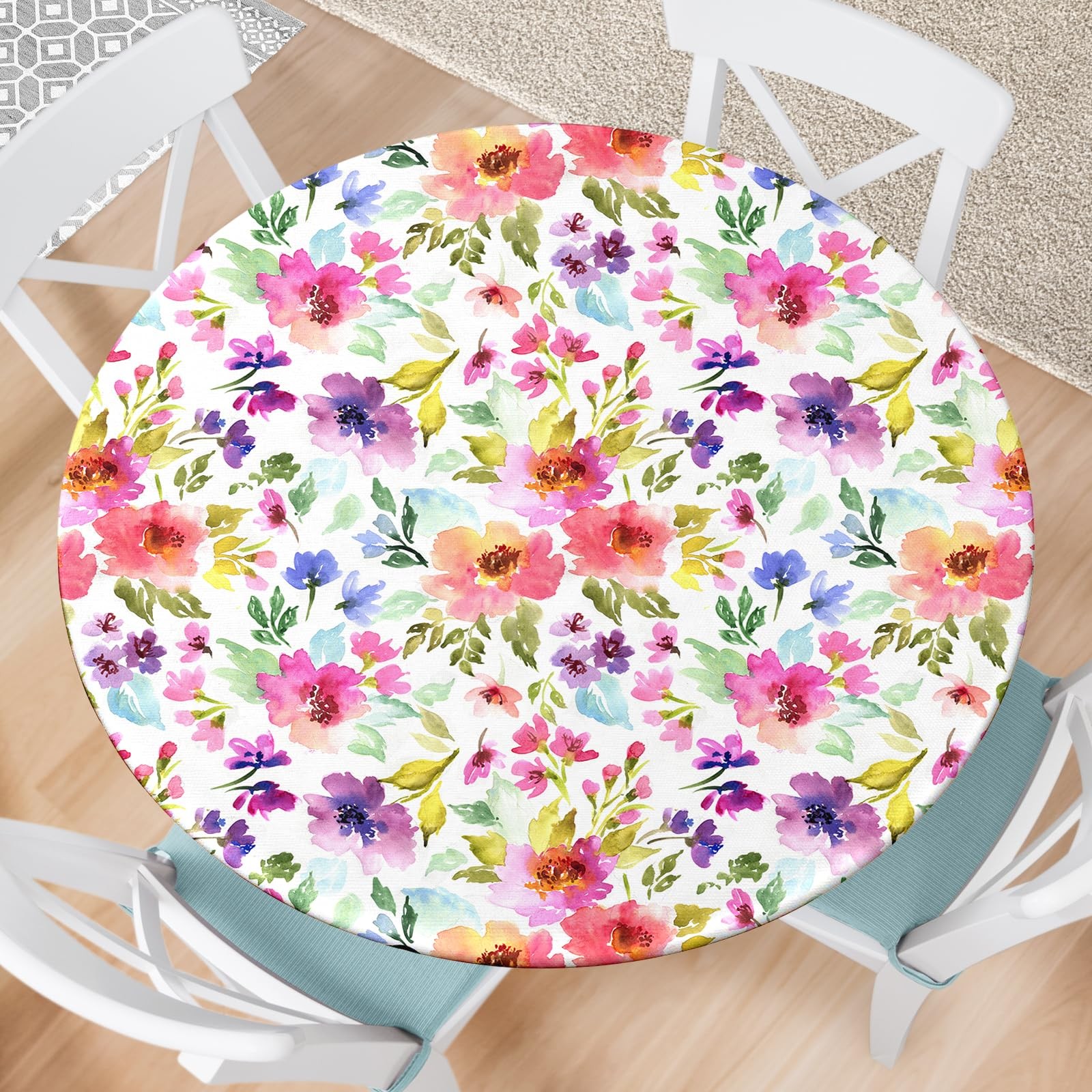 Spring Summer round Fitted Tablecloth with Elastic Edge Watercolor Flower Outdoo gallery