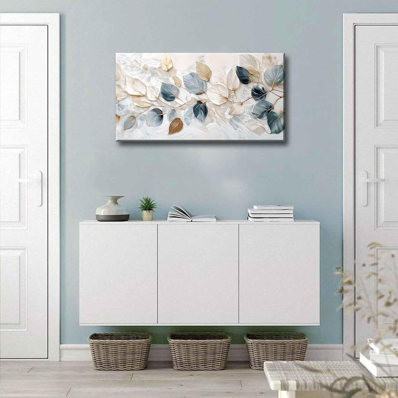 Large Living Eucalyptus Leaf Canvas Wall Art Teal White Botanical Abstract Decor gallery