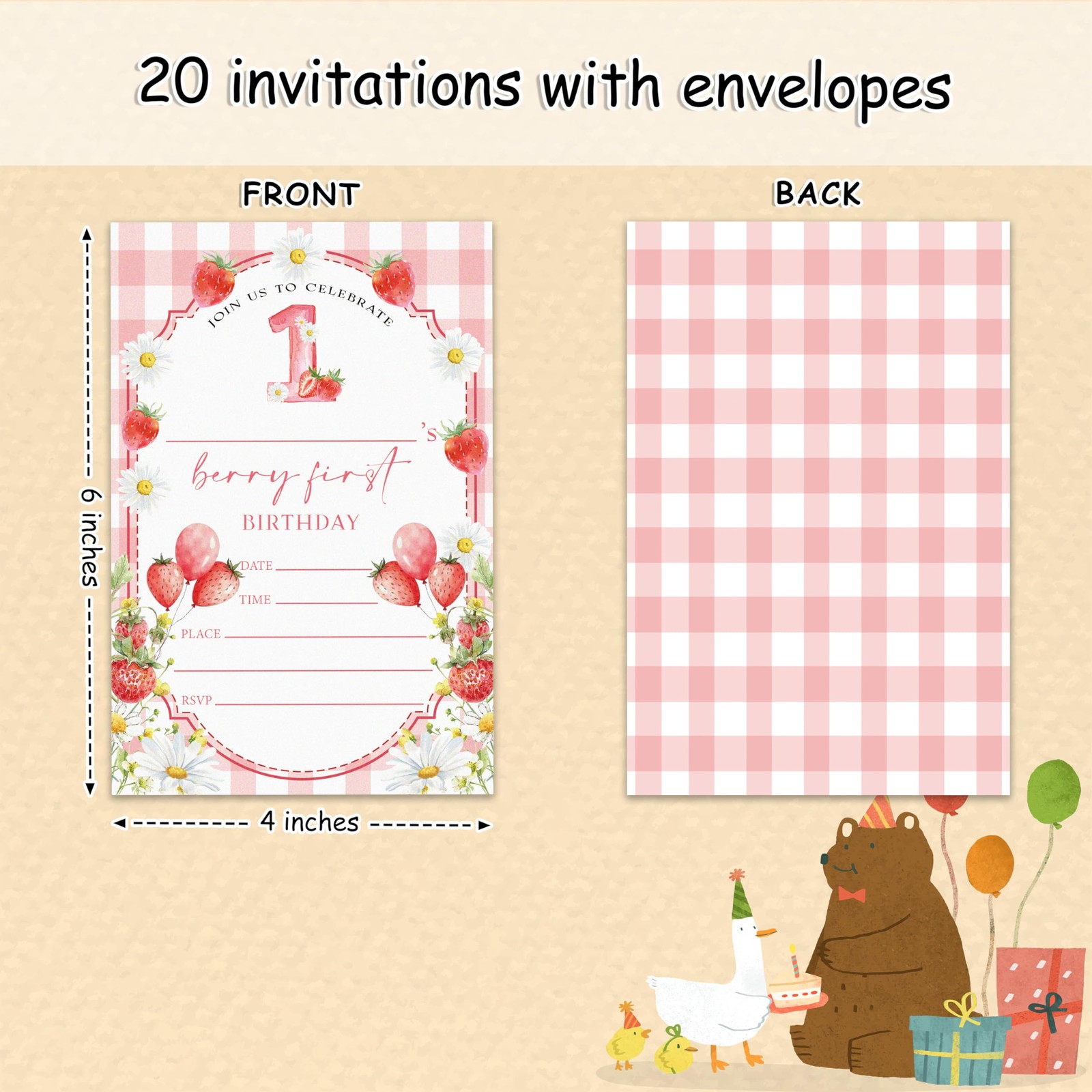 20 PCS Berry First Birthday Invitation Card Envelope Strawberry 1st Party Decor gallery