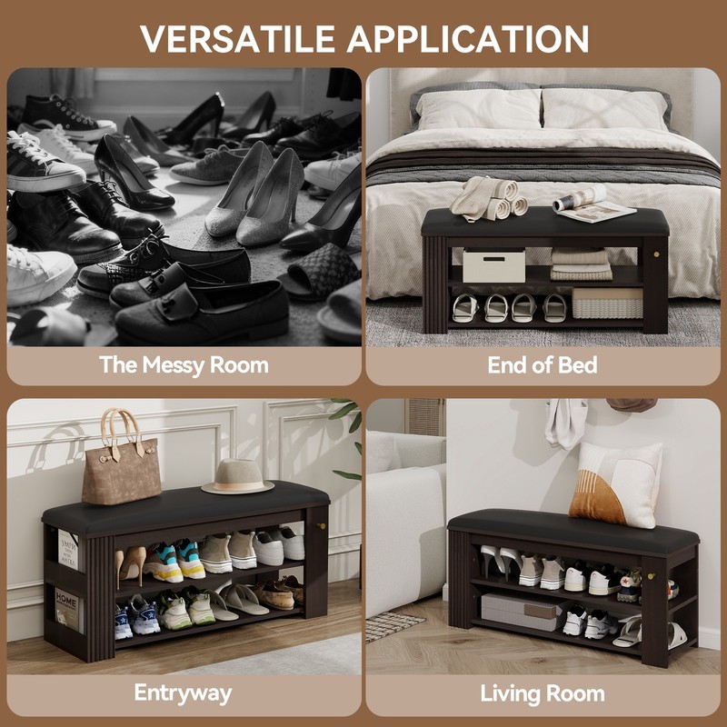 Entryway Bench with Storage and Hooks - PU Leather Ottoman Shoe Rack for Hallway gallery