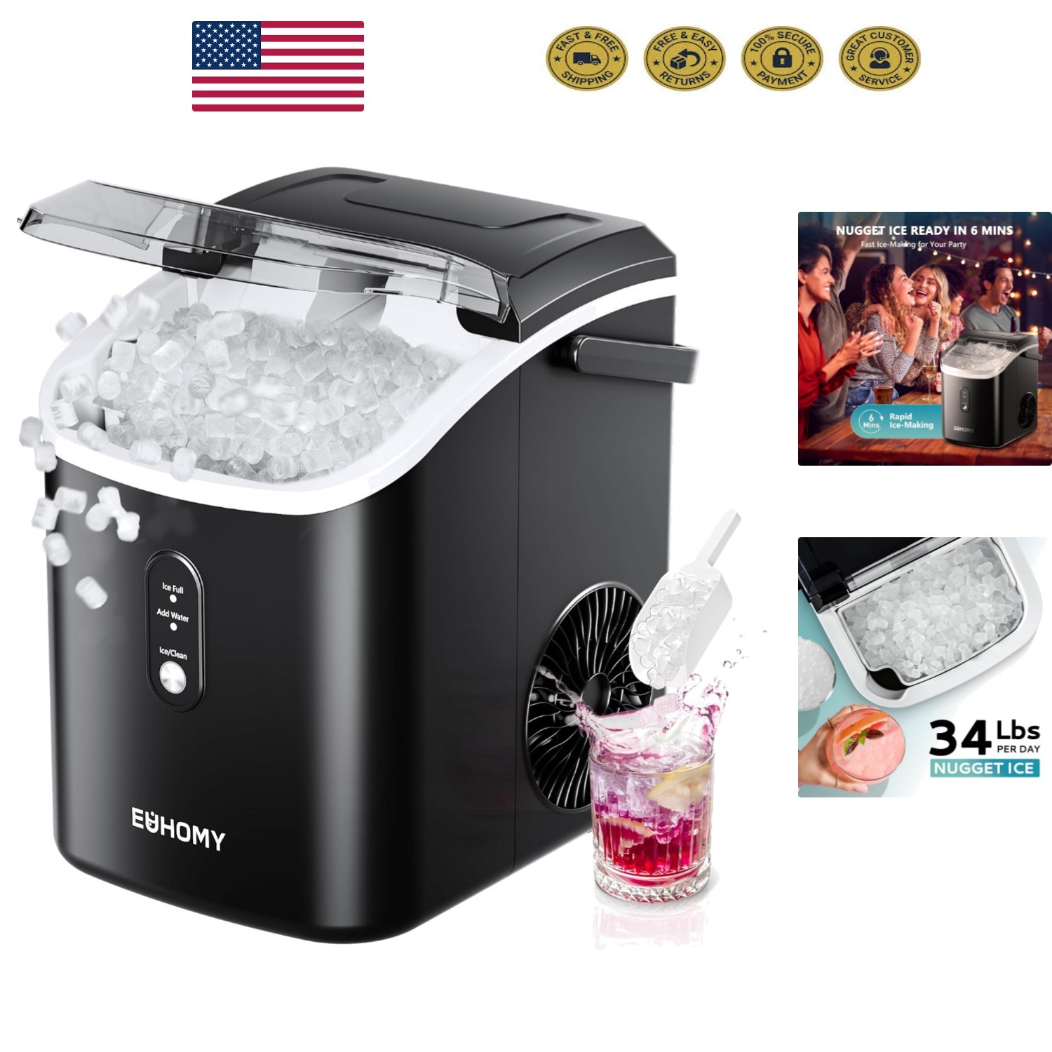 Compact Nugget Ice Maker - 34lbs Daily Capacity, Quiet, and Certified Safety gallery