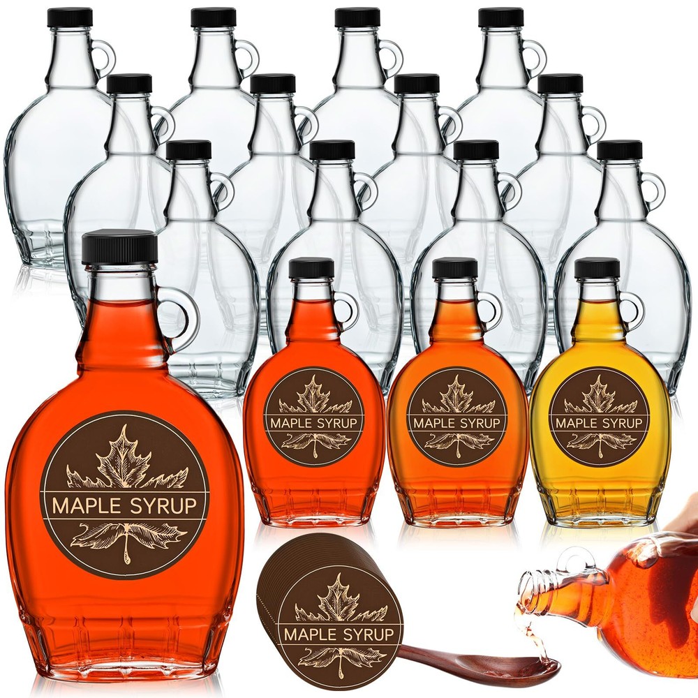 12 Pack 8oz Reusable Glass Maple Syrup Bottles with Lids Loop Handle for Juice
