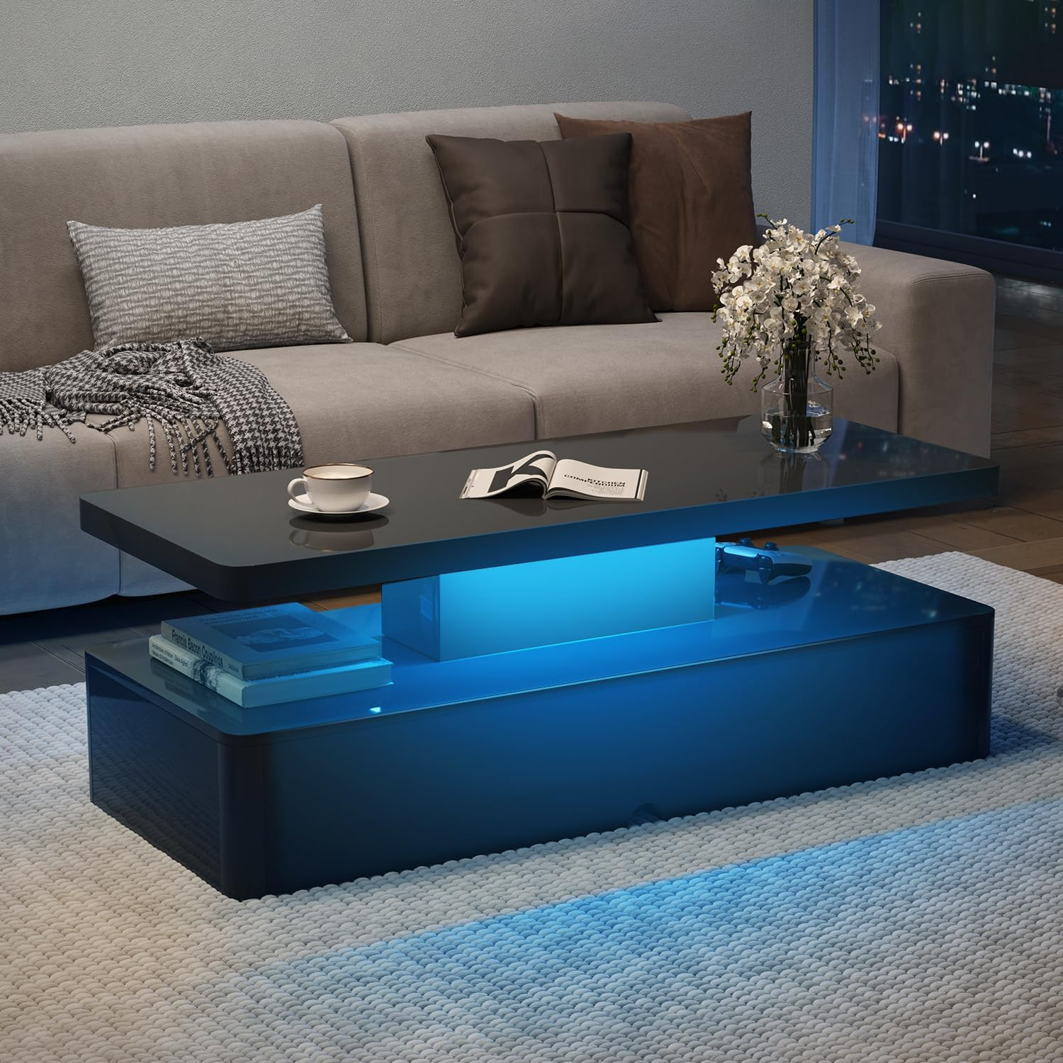 Modern Coffee Table, 40 Inches Coffee Tables with 16 Colors LED Lights, 2 Tier R gallery