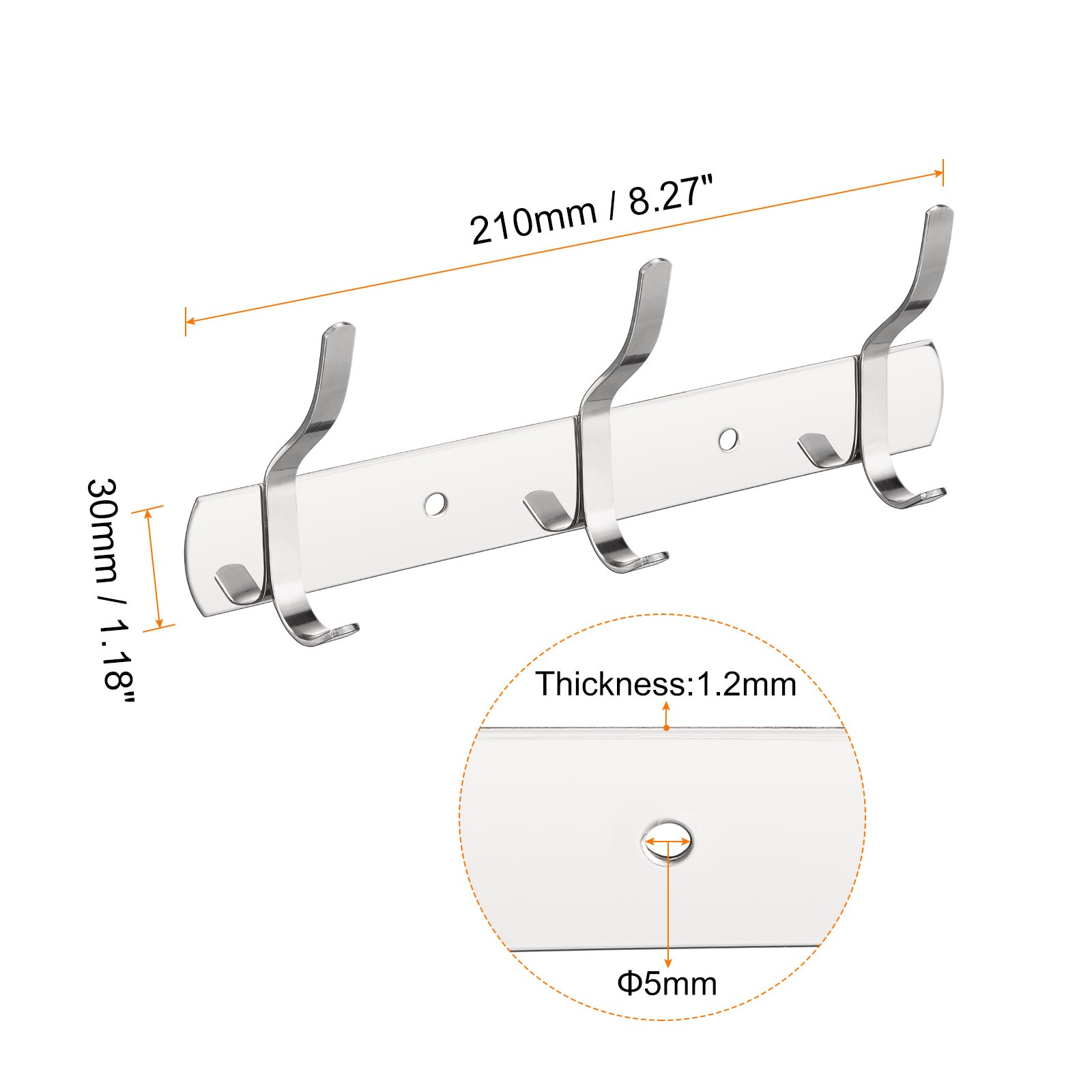 Coat Hook Rack Wall Mounted with 3 Hooks Rail Wall Hangers Silver gallery