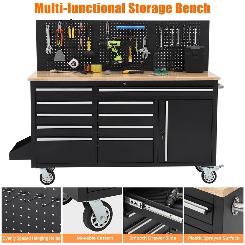Workbench Rolling Tool Chest Heavy Duty Work Table with 10 Drawers and Pegboard gallery