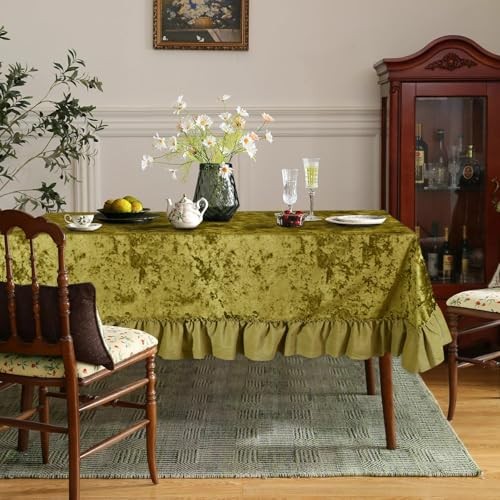 Velvet Ruffle Tablecloth, Rectangle Vintage 74" x 63" (Rectangular) Olive Green gallery