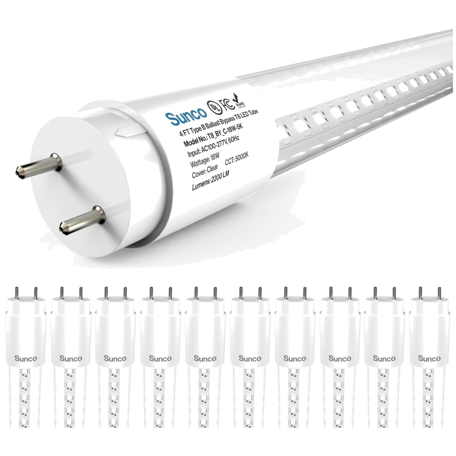 Sunco 10 Pack T8 LED Bulbs 4ft, 2200LM, 18W, 6000K Daylight gallery