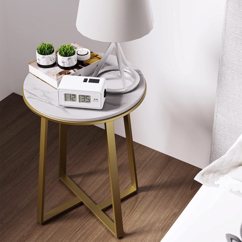 Round End Tables, Small Side Table White Marble Texture MDF ,Metal Frame Gold Co gallery