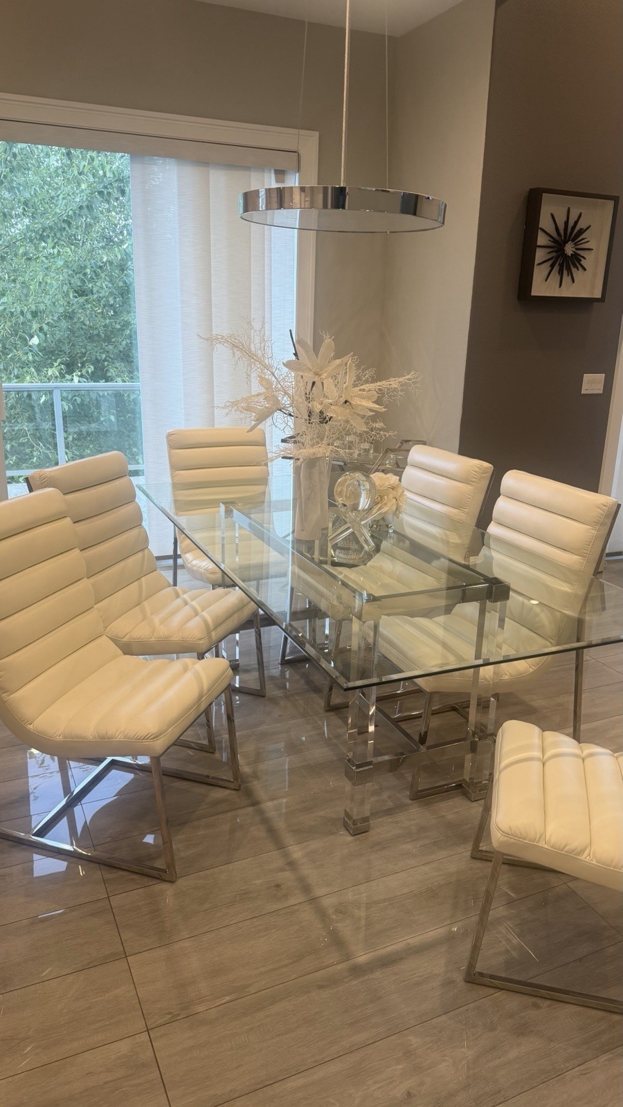 Dining room Table Glass and Acrylic With 6 Chairs and Two Barstools gallery