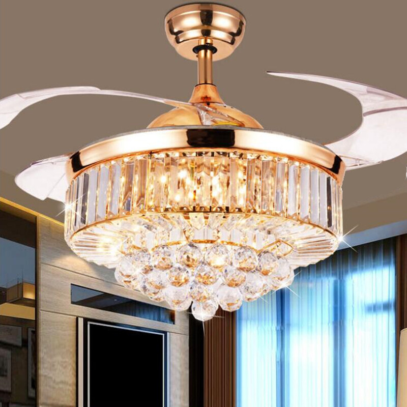 42" Rose Gold Invisible Ceiling Fan Light Luxury Crystal LED Chandelier w/Remote gallery