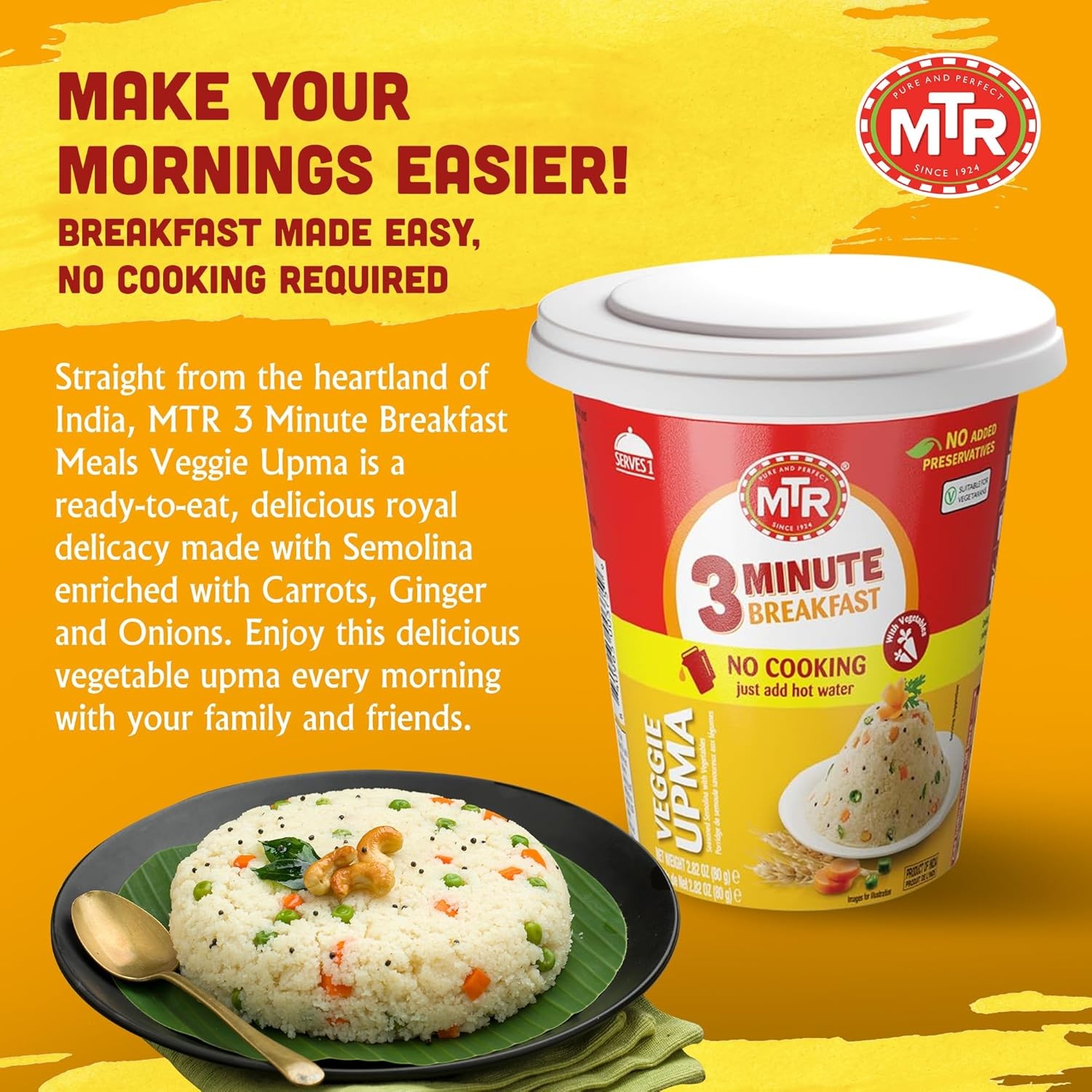 MTR 3 Minutes Breakfast Indian Meal Ready to Eat Snacks Vegetable Upma Cup - 80g gallery