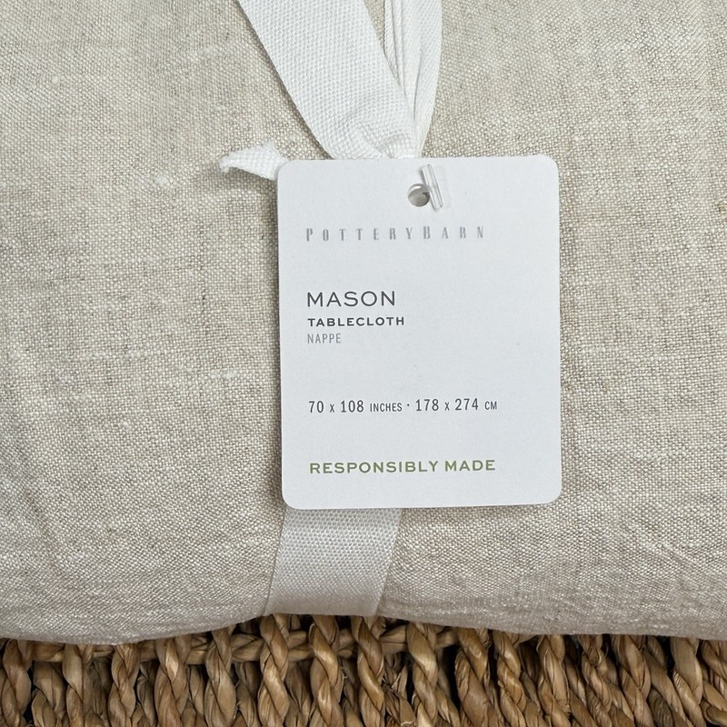 POTTERY BARN MASON OVERSIZED LINEN TABLECLOTH 70X108 FLAX BEIGE FARMHOUSE gallery