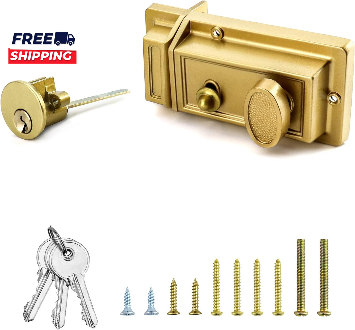 Night Latch Deadbolt Rim Lock with Key Gold Finish Antique Style Lock Door Key gallery