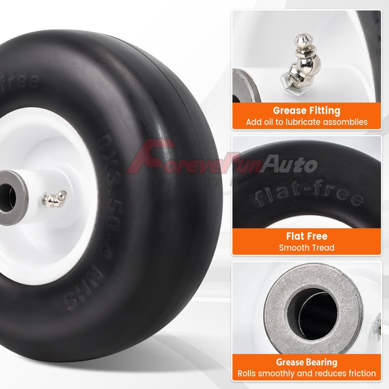 2pcs 9x3.50-4 Flat Free Wheel Tire Solid Smooth Lawn Mower,3/4" or 5/8" Bearing gallery