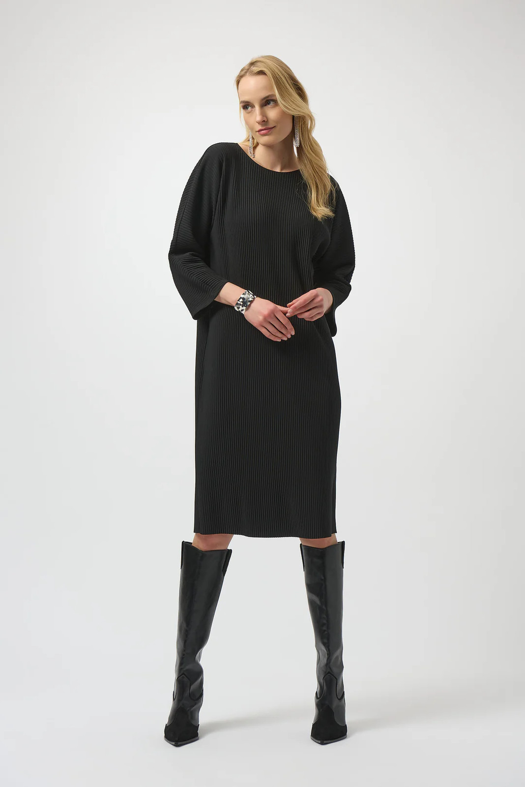 Joseph Ribkoff Black Crew Neck 3/4 Sleeves Pleated Dress 254214 gallery
