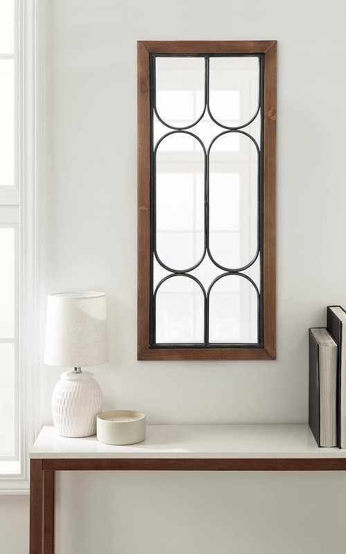 Walnut Brown Rectangle Wall Mirror with Geometric Iron Overlay, 13x30 Inches gallery