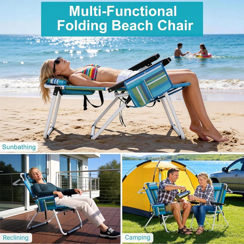 NAIZEA Beach Chairs Backpack 5-Position Tanning Chair with Cooler Bag Cup Holder gallery