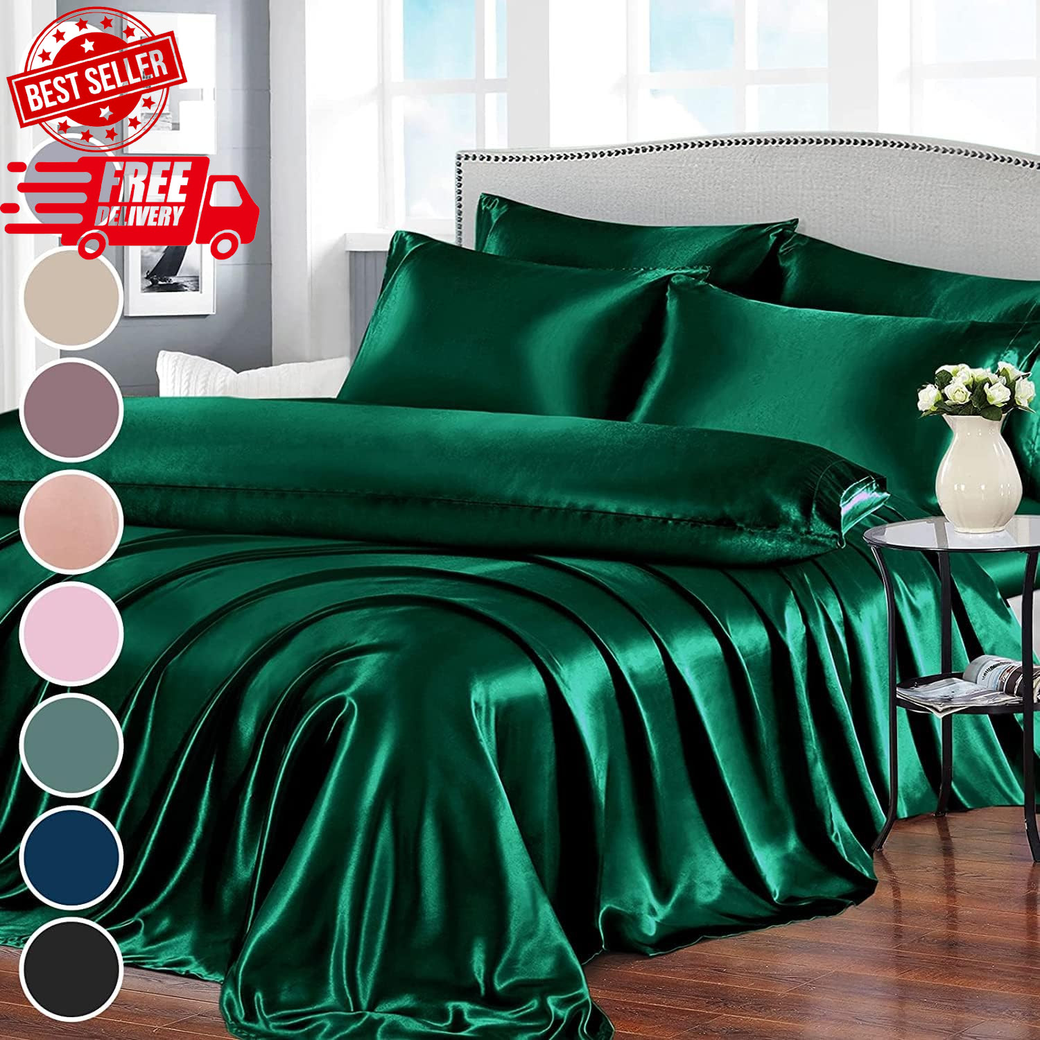 7pcs Satin California King Size Bed Set, Blackish Green Luxury Satin Bedding,... gallery