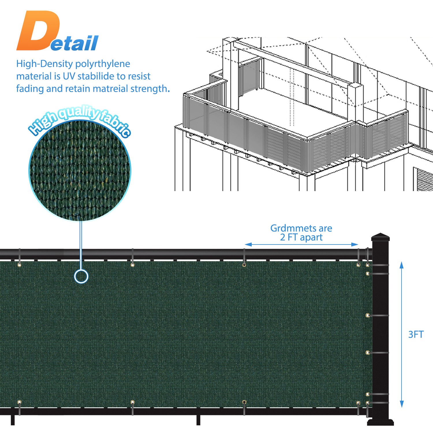 35in Tall Balcony Fence Privacy Screen Apartment Windshield Mesh Shade Green gallery