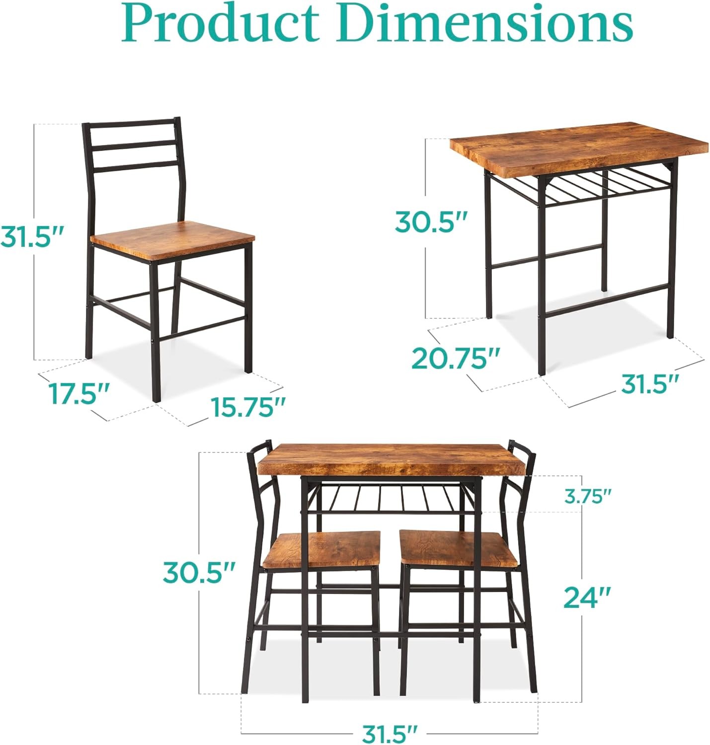 3-Piece Modern Dining Set Space Saving Dinette for Kitchen Dining Room Small gallery