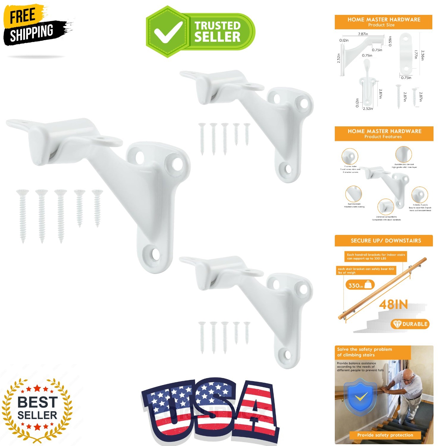 3" Handrail Brackets, 3 Pack White, Easy Install, Wall Mount, Zinc, Brushed F... gallery