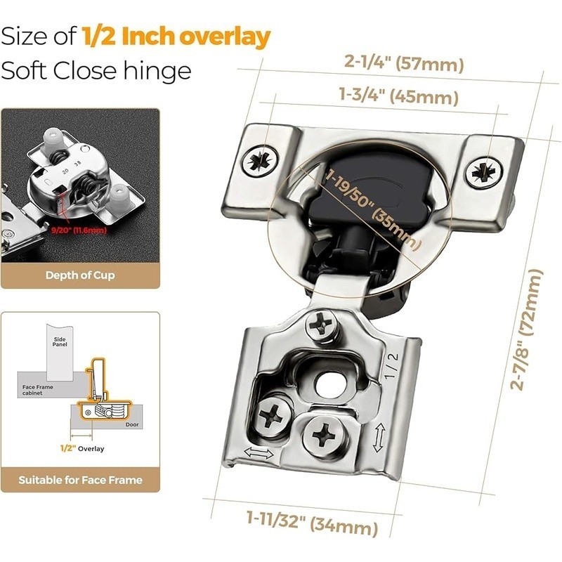 Soft Close Cabinet Hinges 3-Way Adjustable Heavy Duty Nickel Plated New gallery