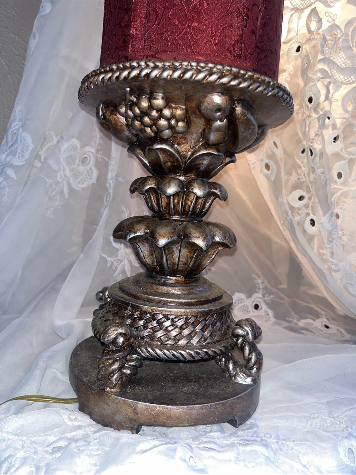 26” Bronze Plaster Base Table Lamp Light Maroon Fluted Beaded 10” Diameter Shade gallery