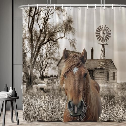 Horse Shower Curtain Rustic Farm 70"W x 70"L (Pack of 1) Brown Black White gallery