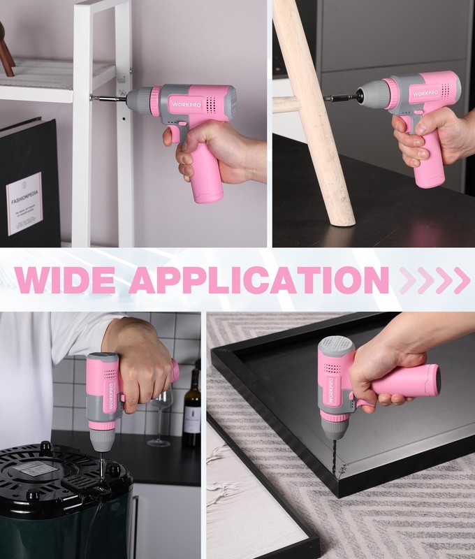 WORKPRO Pink Cordless 8V Electric Drill Driver Set 3/8'' Keyless Chuck 15pcs Bit gallery