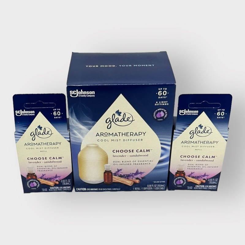 Glade Aromatherapy Cool Mist Diffuser Choose Calm Lavender Sandalwood -2 Refills gallery