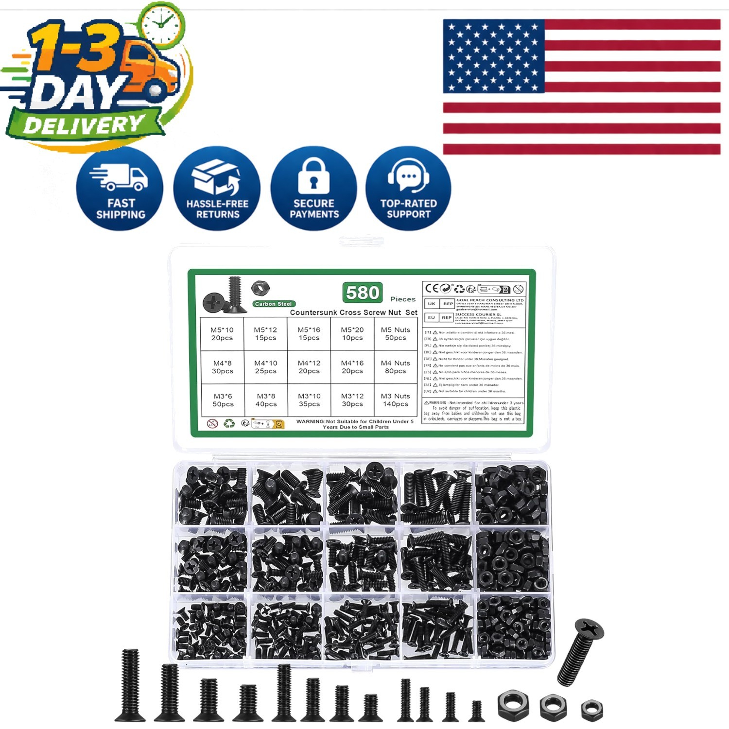 Complete 580-Pc Countersunk Black Screw Set with Washers for Easy Installation gallery