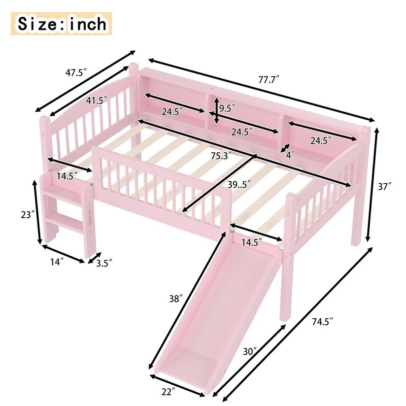 Twin XL Solid Wood Lower Loft Bed with LED Lights and Full-length Guardrails gallery