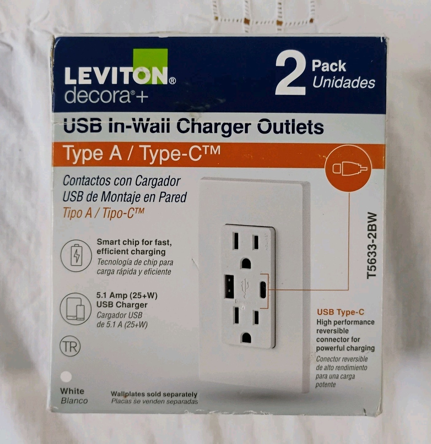 Leviton Decora Plus Type A / Type-C USB In-Wall charger Outlets White Pack of 2 gallery