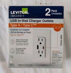 Leviton Decora Plus Type A / Type-C USB In-Wall charger Outlets White Pack of 2