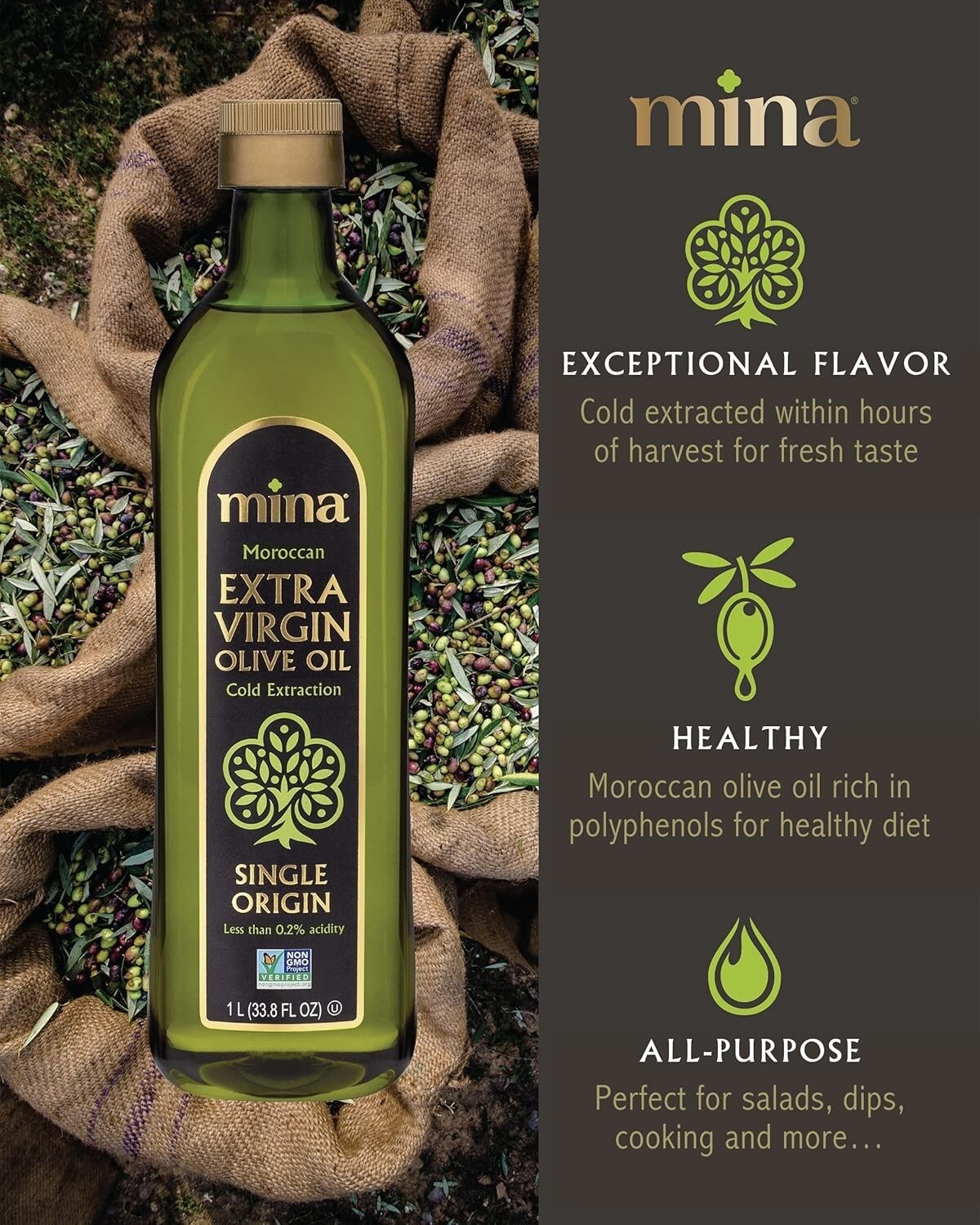 Moroccan Extra Virgin Olive Oil, Cold-Pressed, 33.8oz, Polyphenol Rich, Low Acid gallery