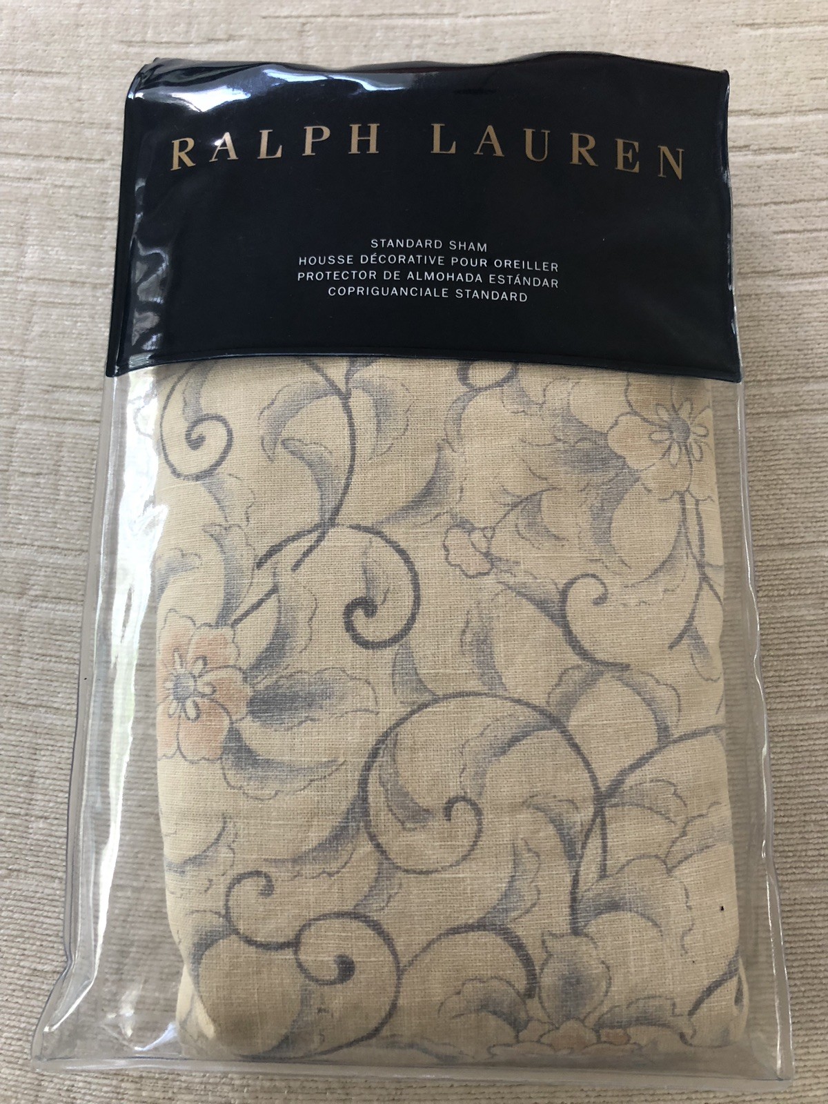 Blue Gray Floral Scroll + Beige RALPH LAUREN Madalena Audrey Corded STD Sham NIP gallery